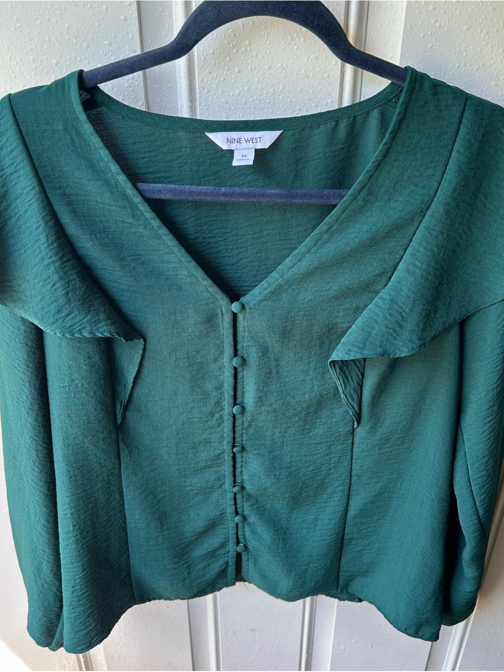 Nine West Emerald Green Button-Front Ruffle Blouse